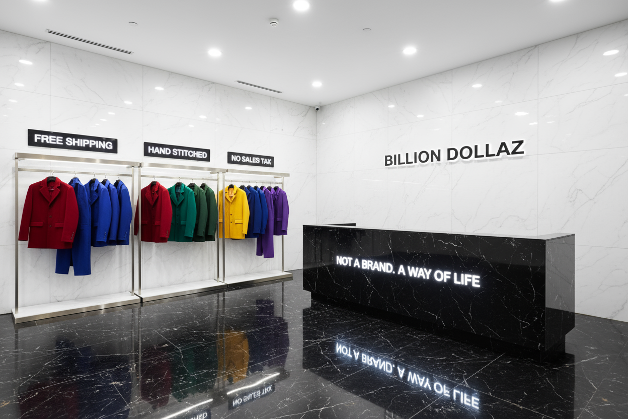 Same exact image, but change the far right "FREE SHIPPING" sign to "NO SALES TAX". and add a sign in the middle of the two that says "HAND STITCHED".